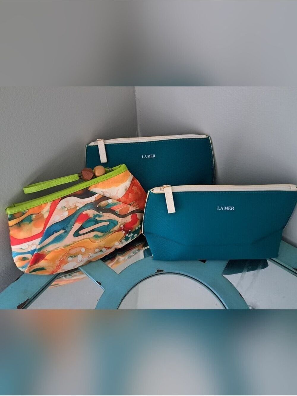 LA MER Cosmetic Pouches Teal  Mary Kay satiny Boho multi Minimalist chic Set 3